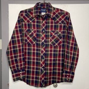 wrangler mens western long sleeve snap shirt medium plaid jewel tones ruby
